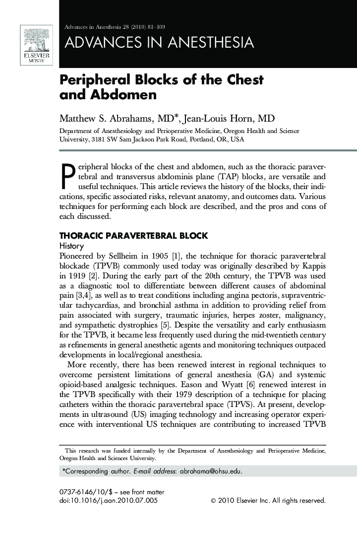 عکس صفحه اول مقاله: Peripheral Blocks of the Chest and Abdomen Peripheral Blocks of the Chest and Abdomen