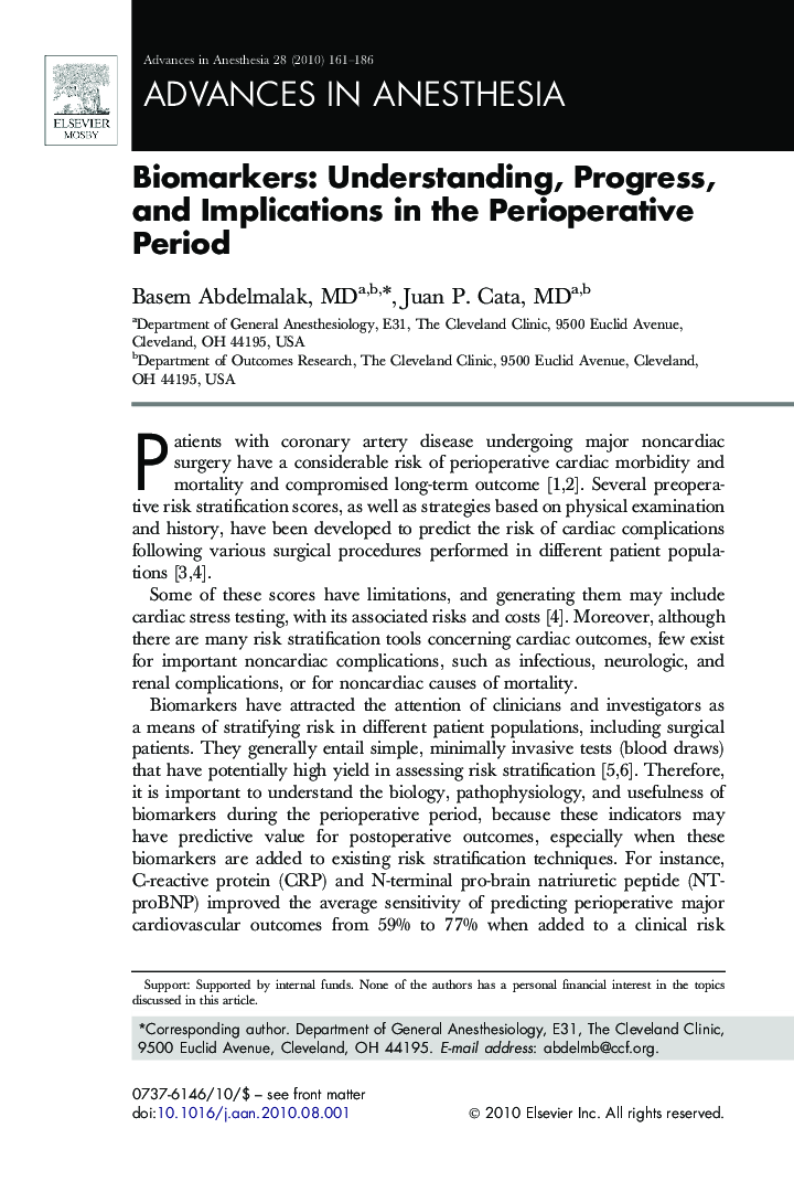 عکس صفحه اول مقاله: Biomarkers: Understanding, Progress, and Implications in the Perioperative Period Biomarkers: Understanding, Progress, and Implications in the Perioperative Period