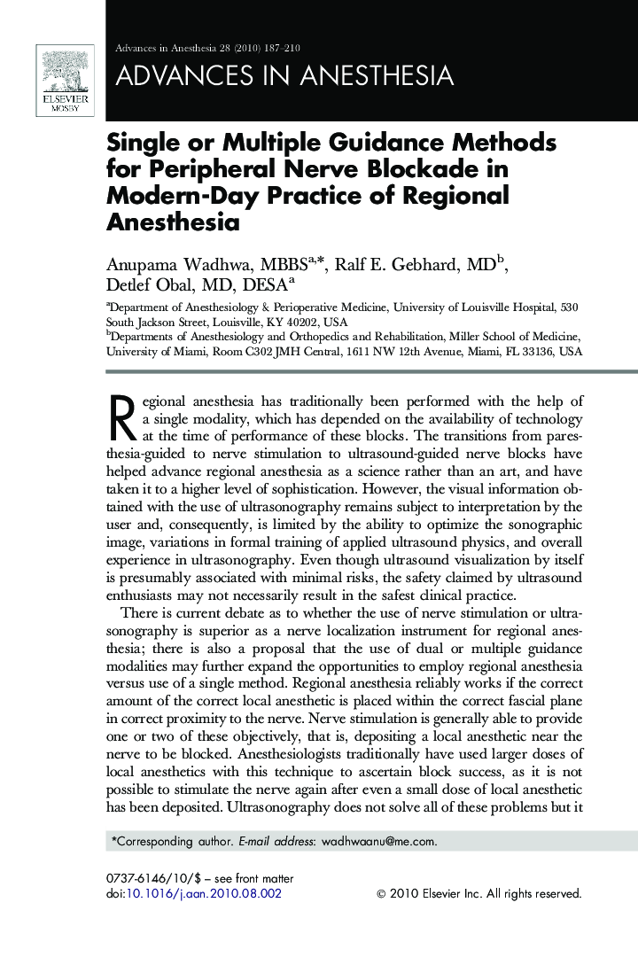 عکس صفحه اول مقاله: Single or Multiple Guidance Methods for Peripheral Nerve Blockade in Modern-Day Practice of Regional Anesthesia Single or Multiple Guidance Methods for Peripheral Nerve Blockade in Modern-Day Practice of Regional Anesthesia