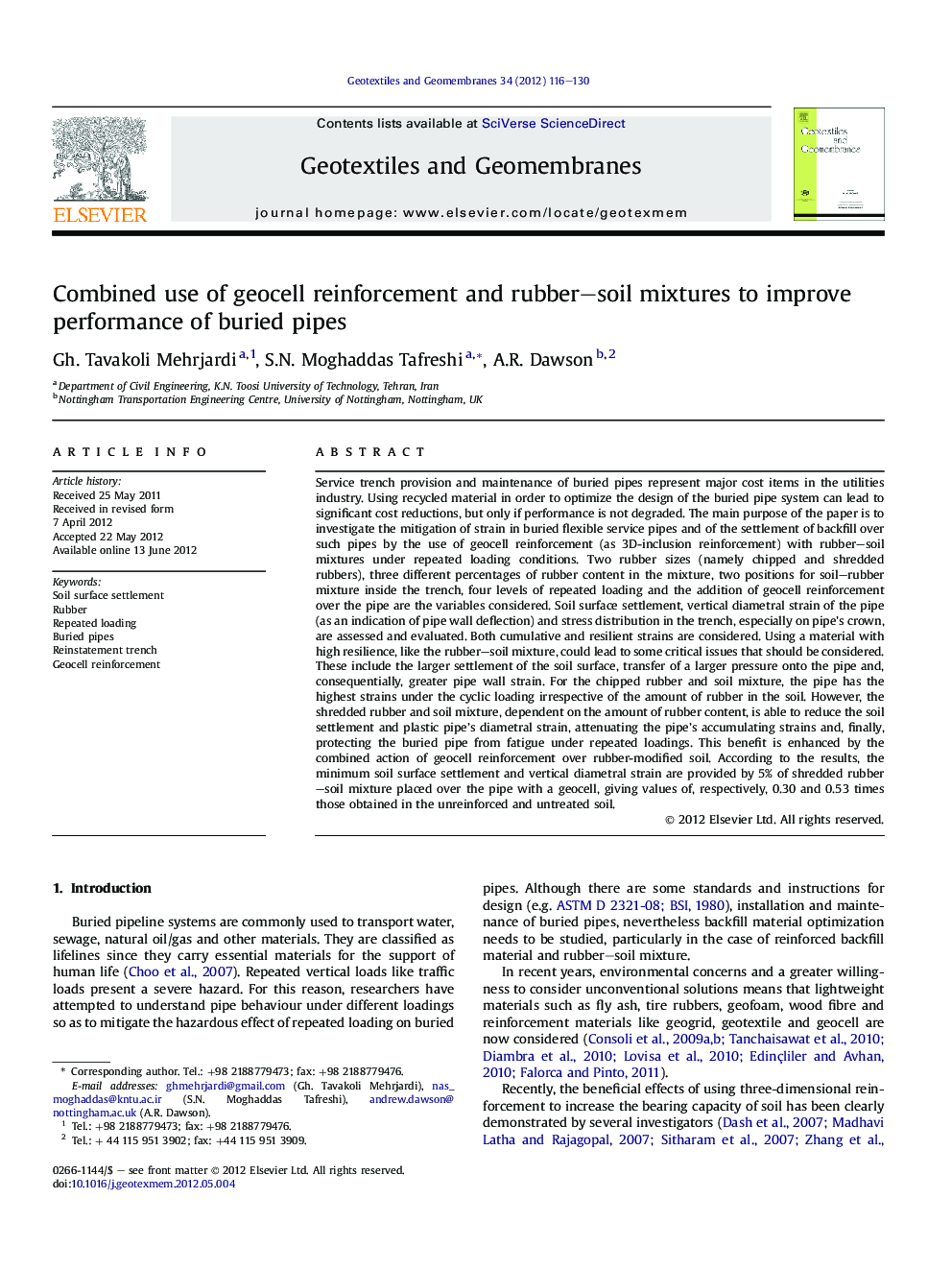 Combined use of geocell reinforcement and rubber–soil mixtures to improve performance of buried pipes