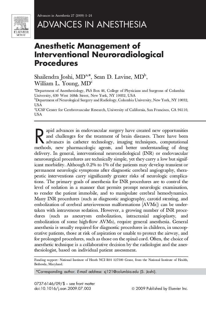 عکس صفحه اول مقاله: Anesthetic Management of Interventional Neuroradiological Procedures Anesthetic Management of Interventional Neuroradiological Procedures