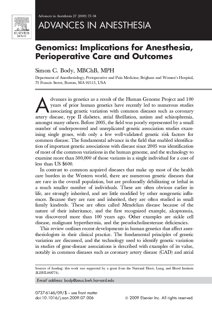 عکس صفحه اول مقاله: Genomics: Implications for Anesthesia, Perioperative Care and Outcomes Genomics: Implications for Anesthesia, Perioperative Care and Outcomes