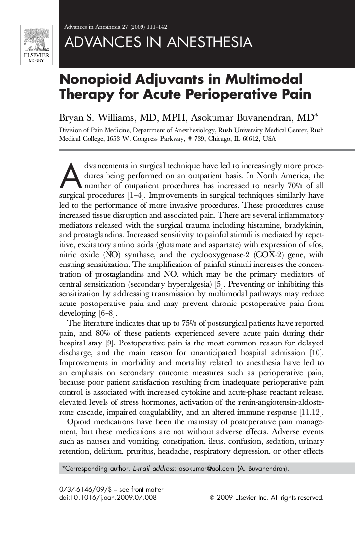 عکس صفحه اول مقاله: Nonopioid Adjuvants in Multimodal Therapy for Acute Perioperative Pain Nonopioid Adjuvants in Multimodal Therapy for Acute Perioperative Pain