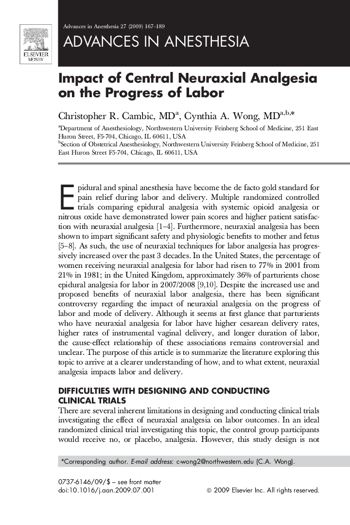 عکس صفحه اول مقاله: Impact of Central Neuraxial Analgesia on the Progress of Labor Impact of Central Neuraxial Analgesia on the Progress of Labor