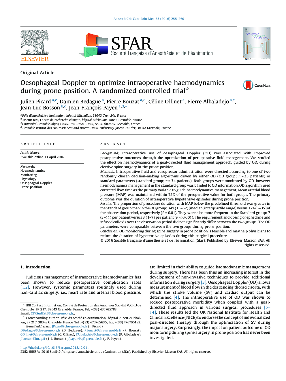 Oesophageal Doppler to optimize intraoperative haemodynamics during prone position. A randomized controlled trial 