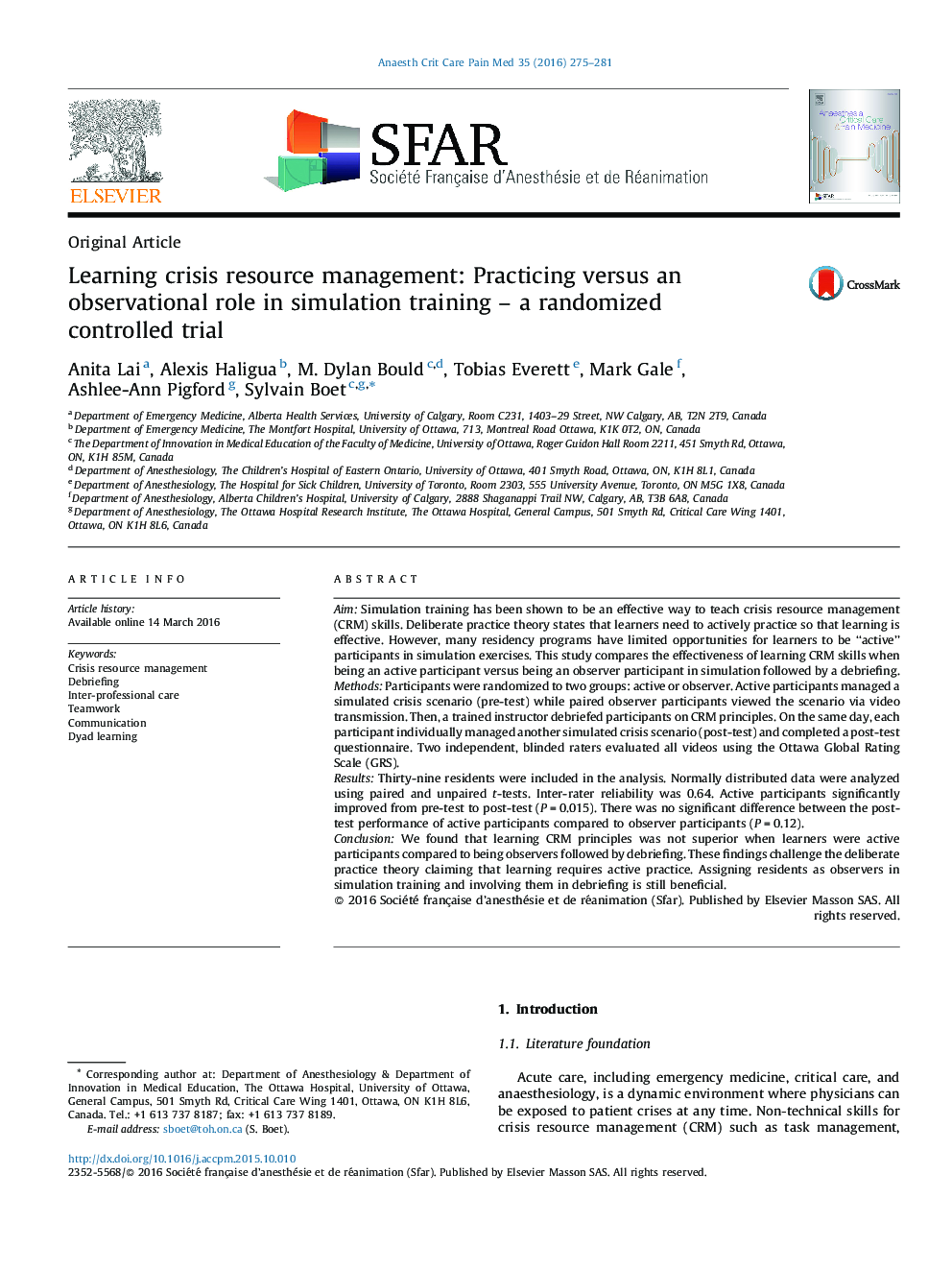 Learning crisis resource management: Practicing versus an observational role in simulation training – a randomized controlled trial