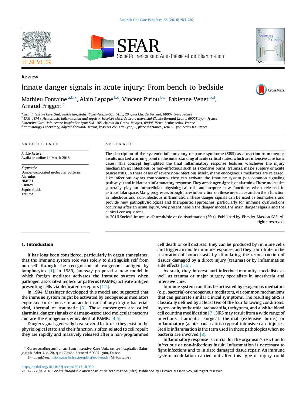 Innate danger signals in acute injury: From bench to bedside