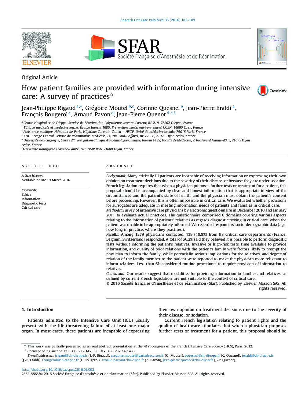 How patient families are provided with information during intensive care: A survey of practices 