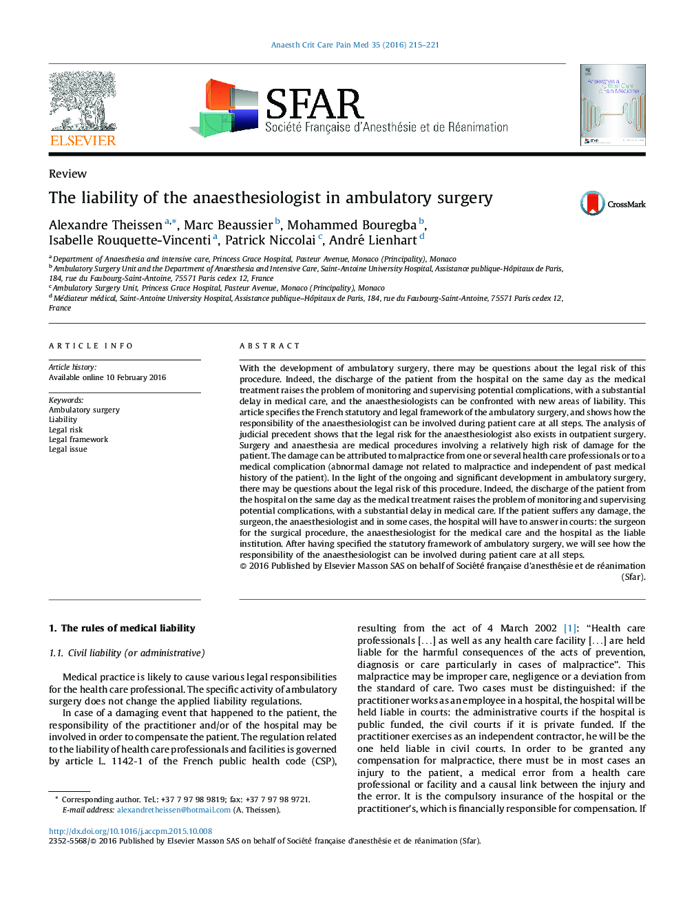 The liability of the anaesthesiologist in ambulatory surgery