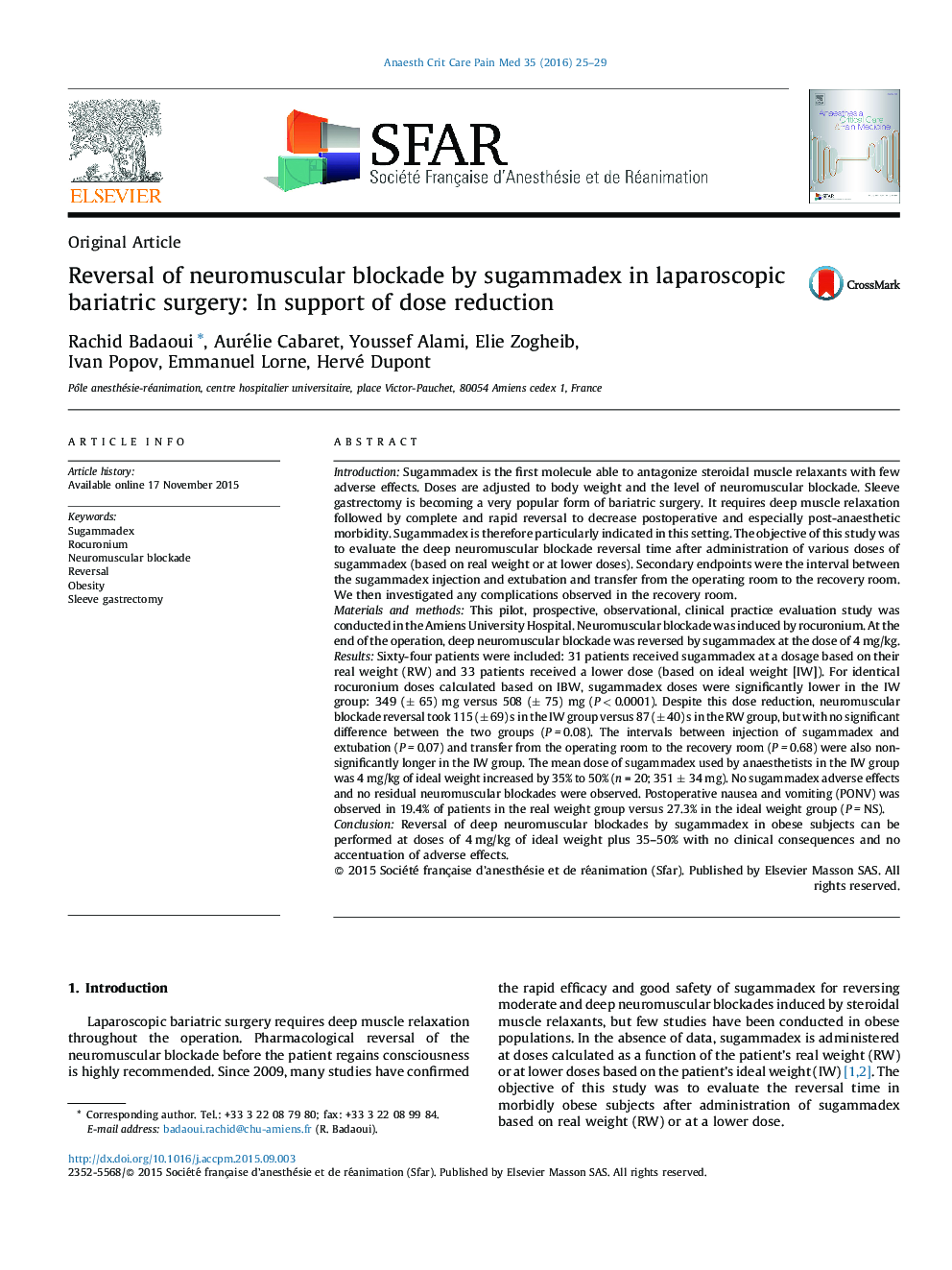 Reversal of neuromuscular blockade by sugammadex in laparoscopic bariatric surgery: In support of dose reduction