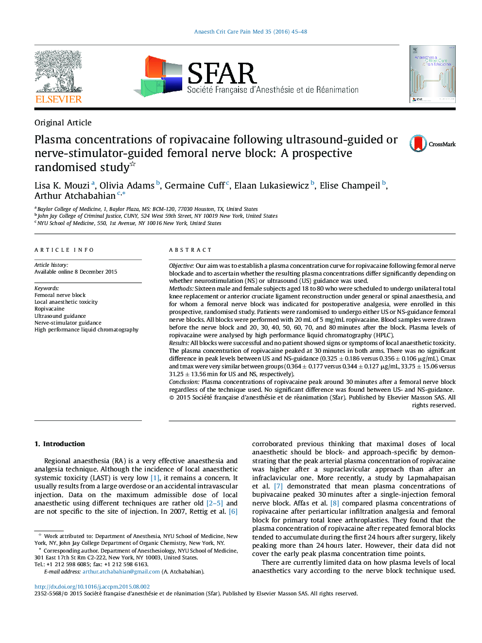Plasma concentrations of ropivacaine following ultrasound-guided or nerve-stimulator-guided femoral nerve block: A prospective randomised study 