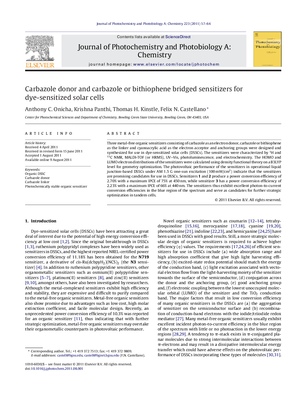 Carbazole donor and carbazole or bithiophene bridged sensitizers for dye-sensitized solar cells