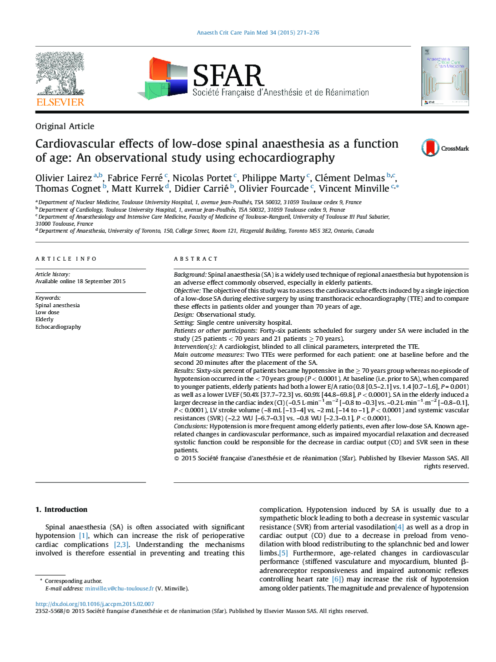 Cardiovascular effects of low-dose spinal anaesthesia as a function of age: An observational study using echocardiography