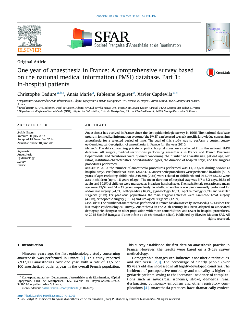 One year of anaesthesia in France: A comprehensive survey based on the national medical information (PMSI) database. Part 1: In-hospital patients