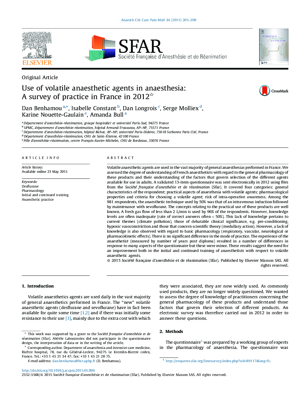 Use of volatile anaesthetic agents in anaesthesia: A survey of practice in France in 2012 