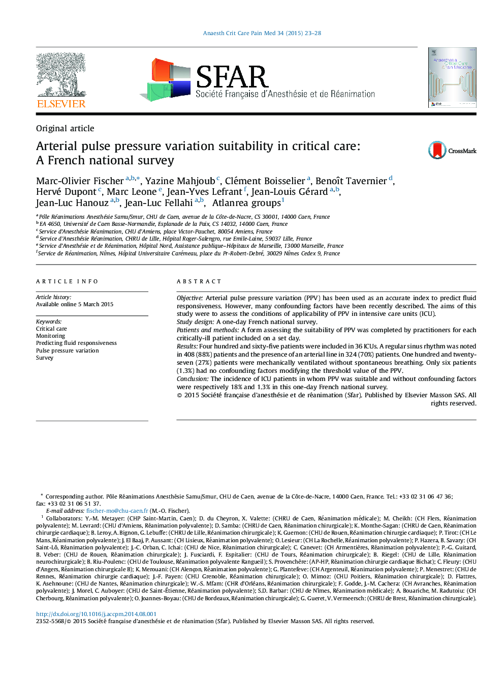 Arterial pulse pressure variation suitability in critical care: A French national survey