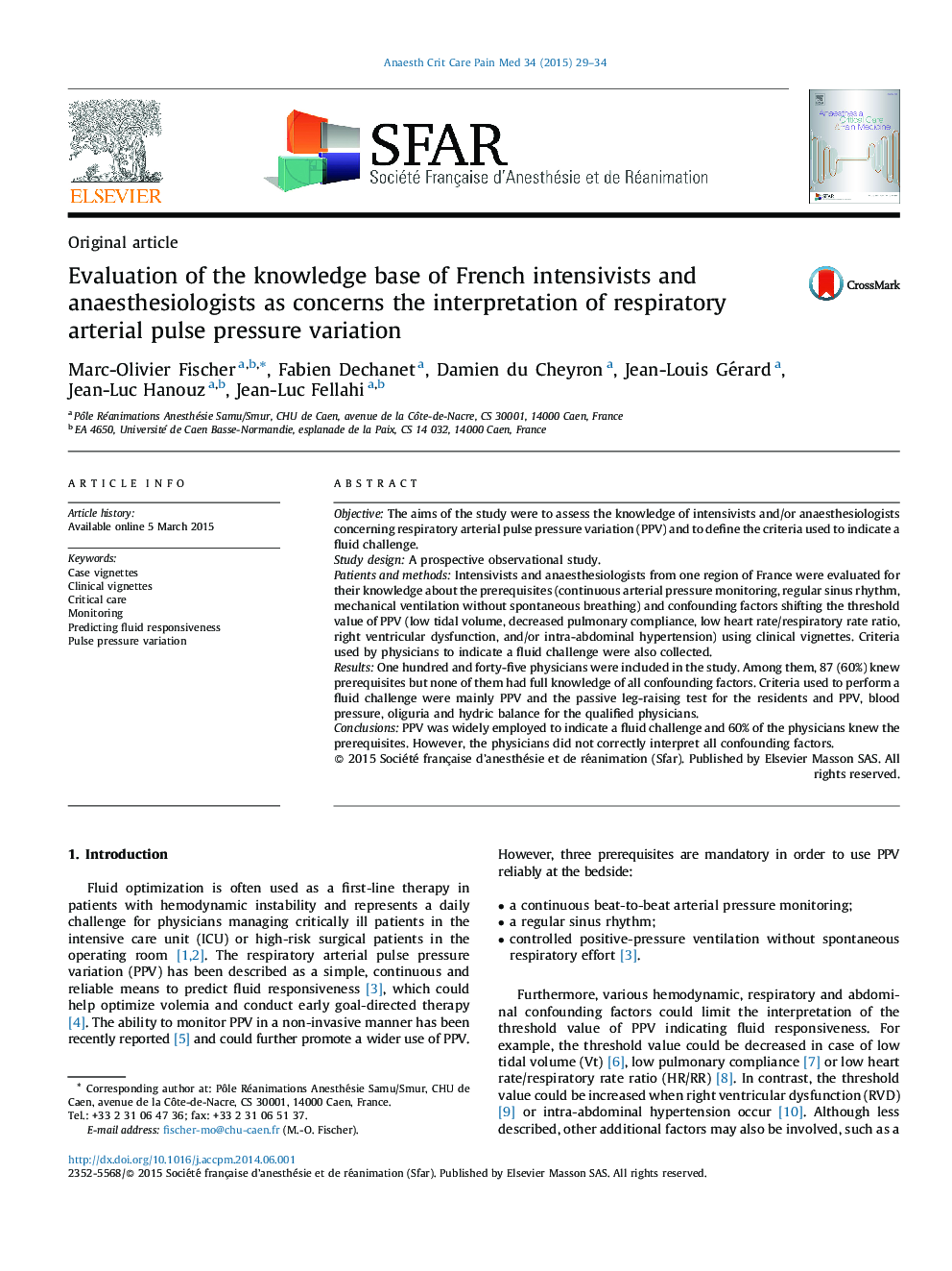 Evaluation of the knowledge base of French intensivists and anaesthesiologists as concerns the interpretation of respiratory arterial pulse pressure variation