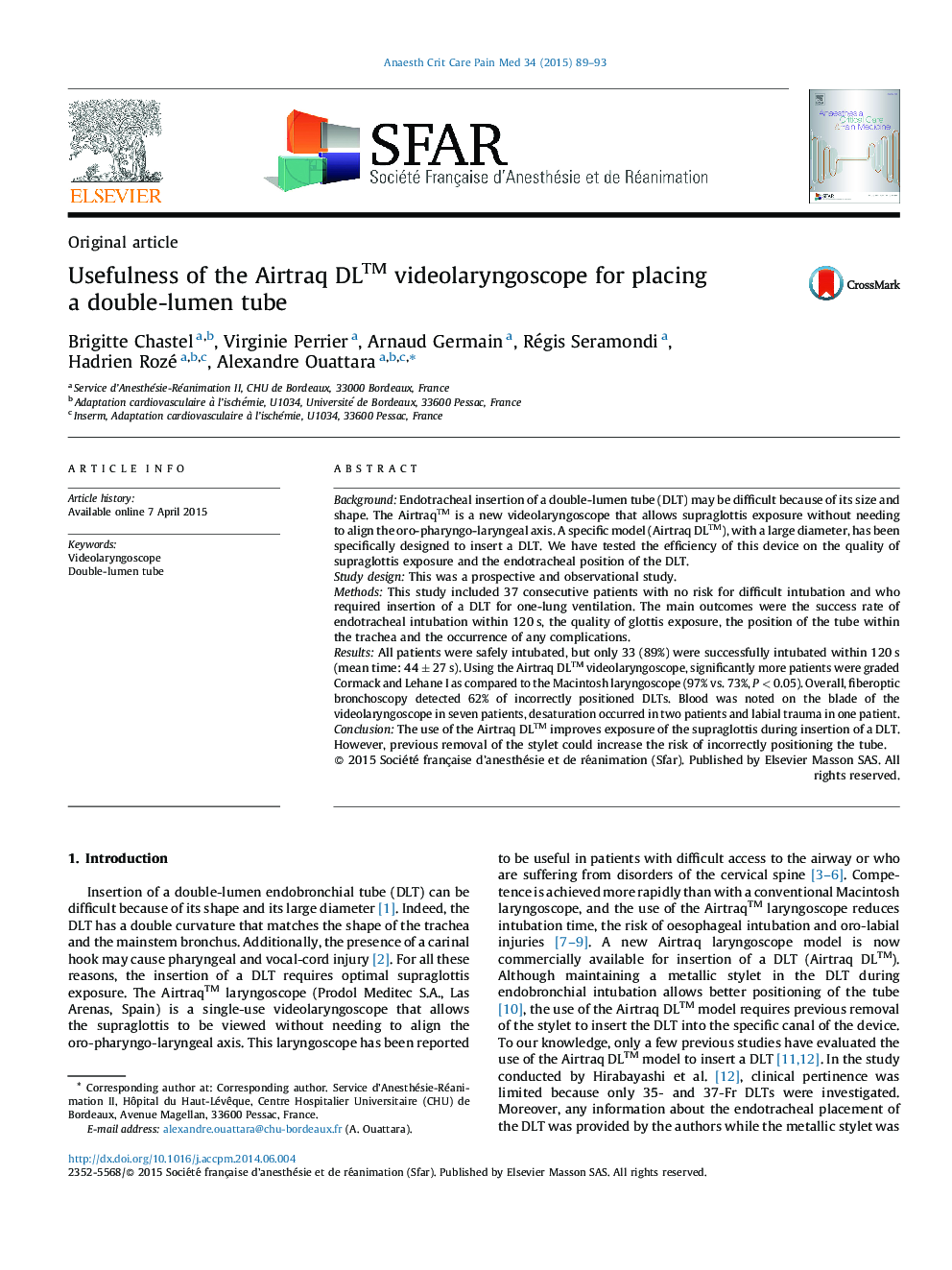 Usefulness of the Airtraq DL™ videolaryngoscope for placing a double-lumen tube