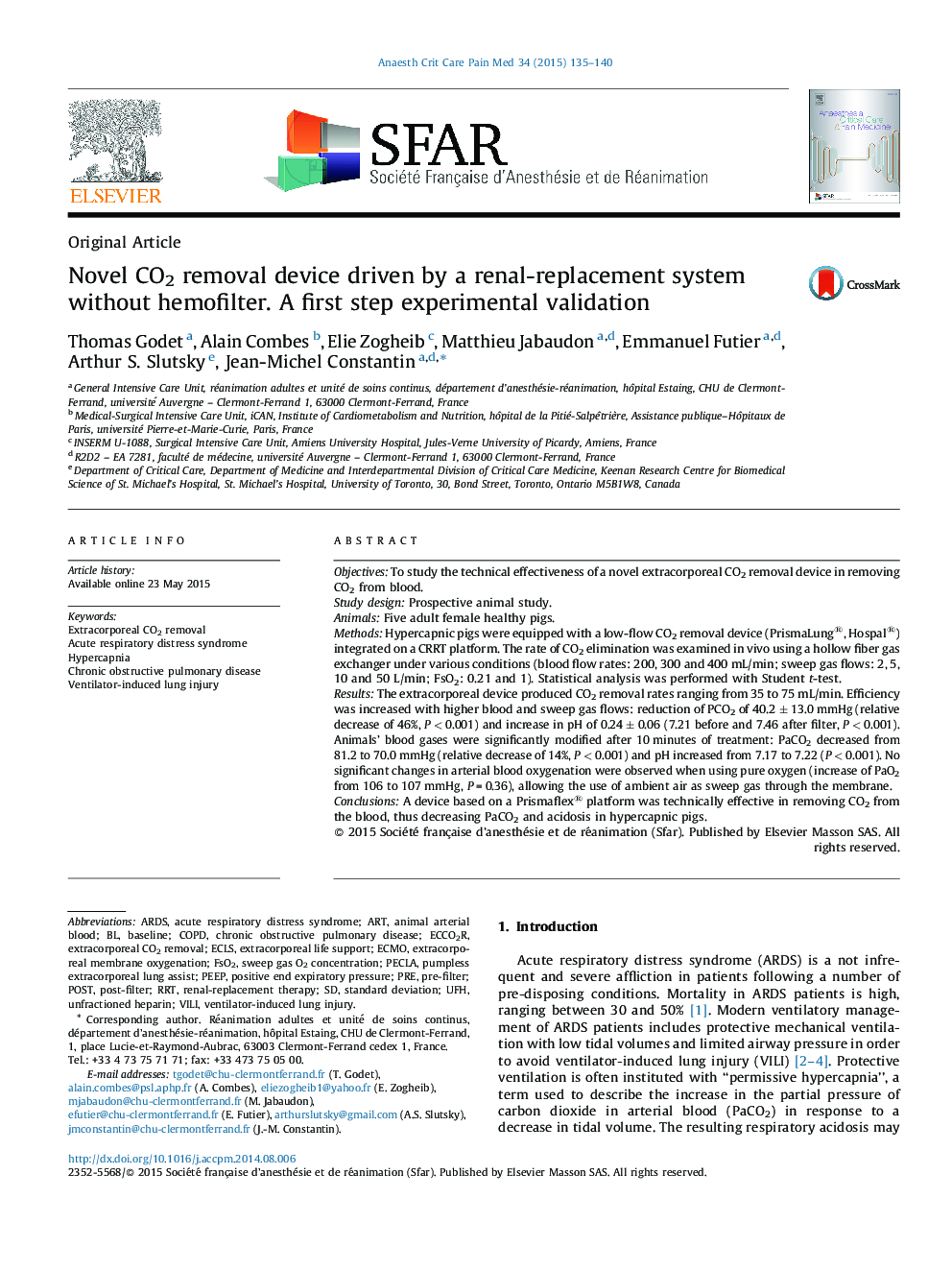 Novel CO2 removal device driven by a renal-replacement system without hemofilter. A first step experimental validation