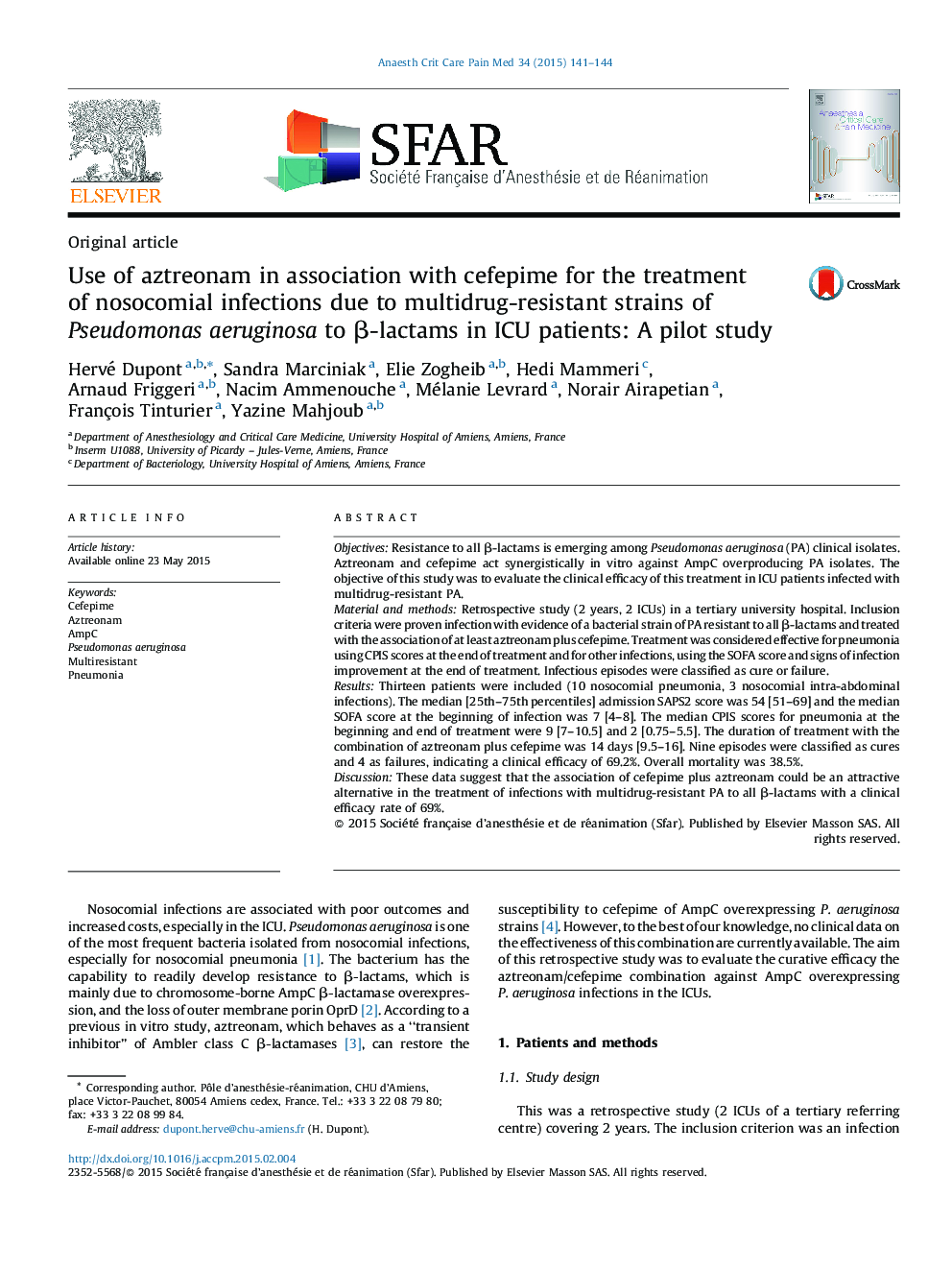 Use of aztreonam in association with cefepime for the treatment of nosocomial infections due to multidrug-resistant strains of Pseudomonas aeruginosa to β-lactams in ICU patients: A pilot study