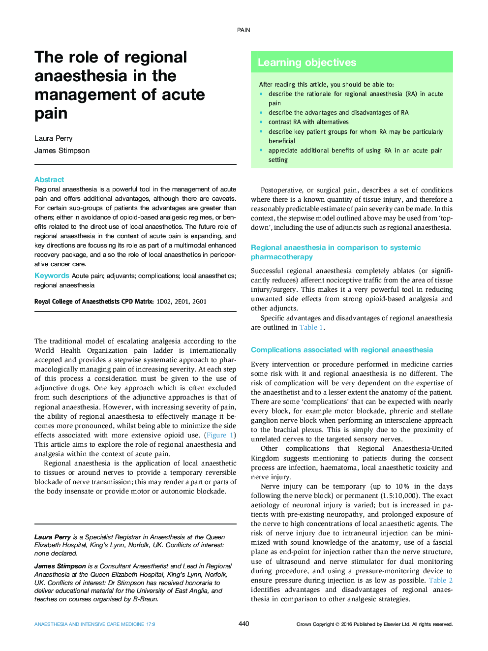 The role of regional anaesthesia in the management of acute pain