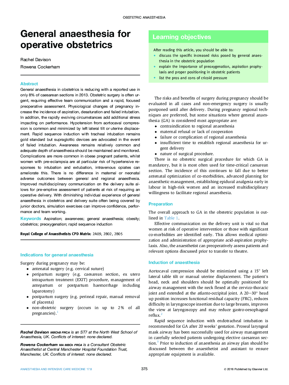 General anaesthesia for operative obstetrics