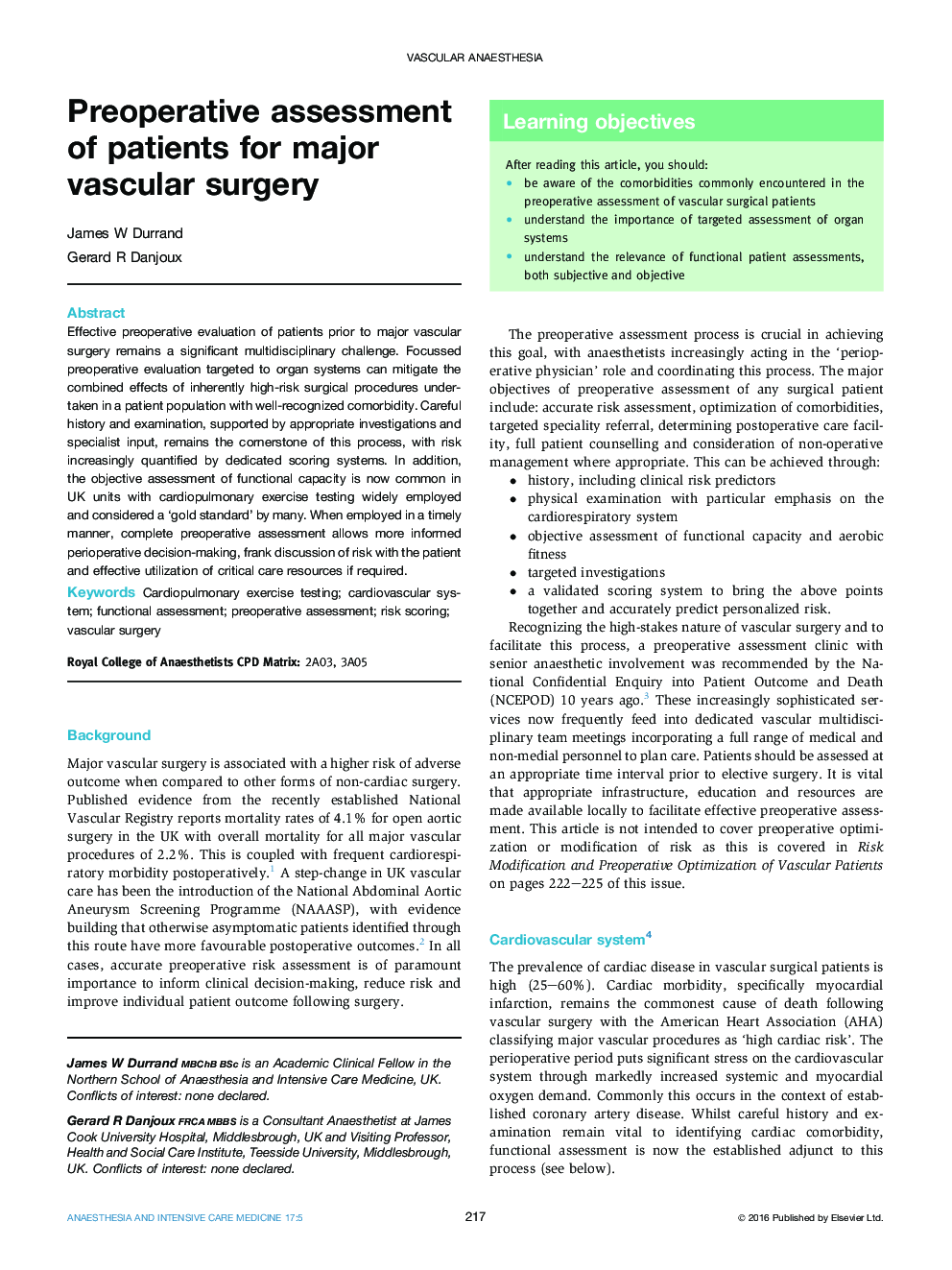 Preoperative assessment of patients for major vascular surgery