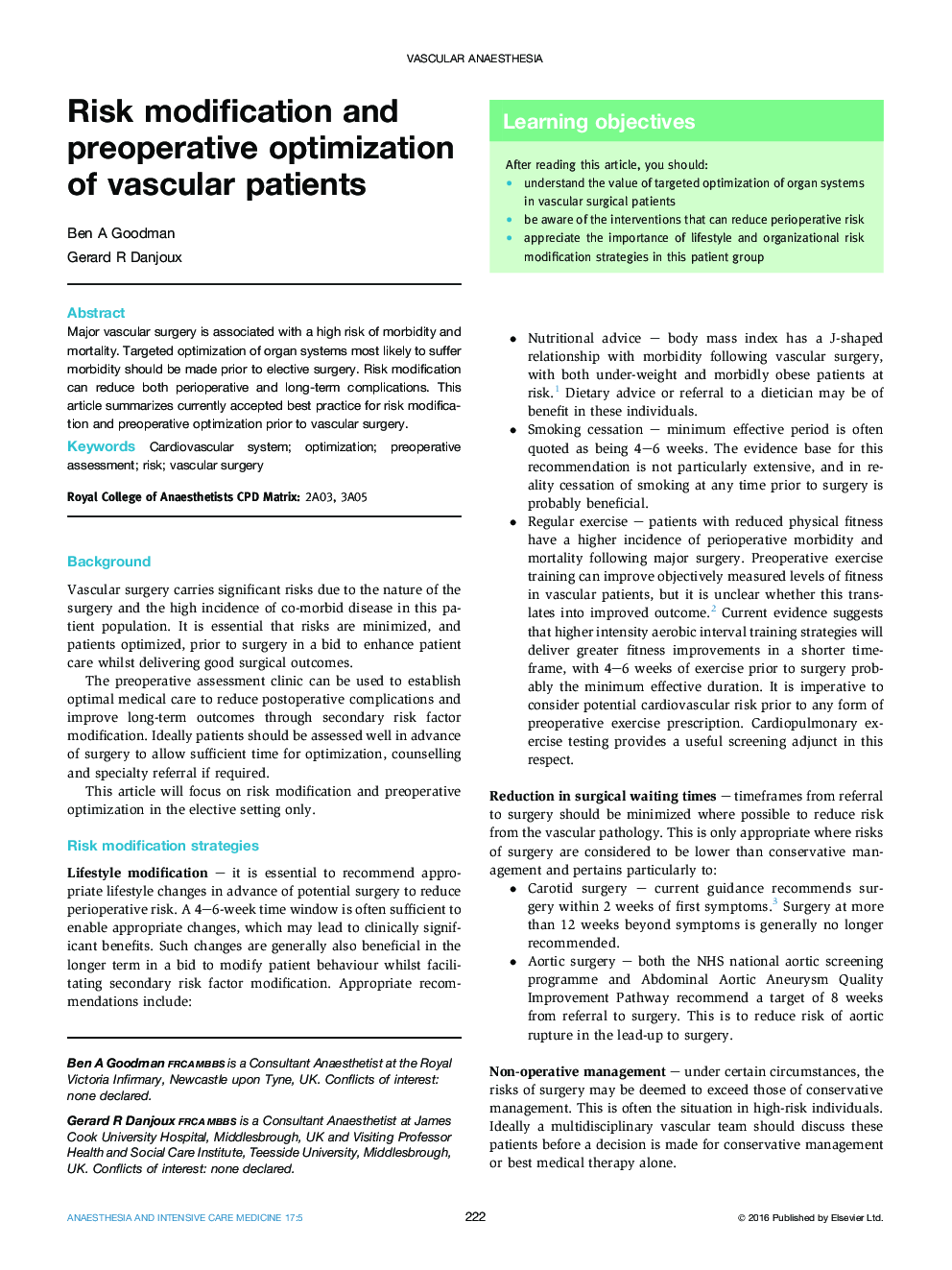 Risk modification and preoperative optimization of vascular patients