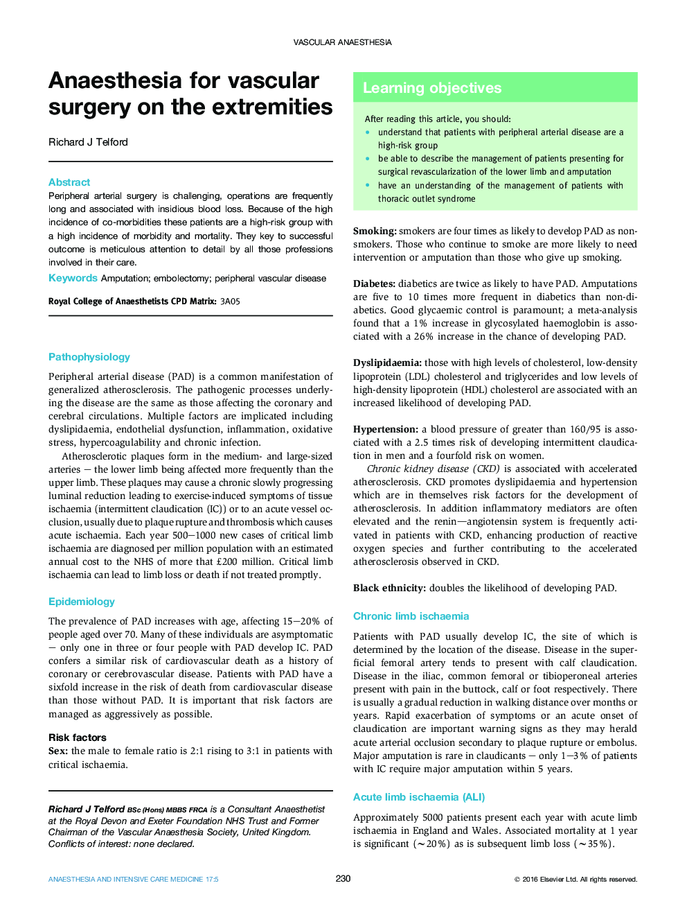 Anaesthesia for vascular surgery on the extremities