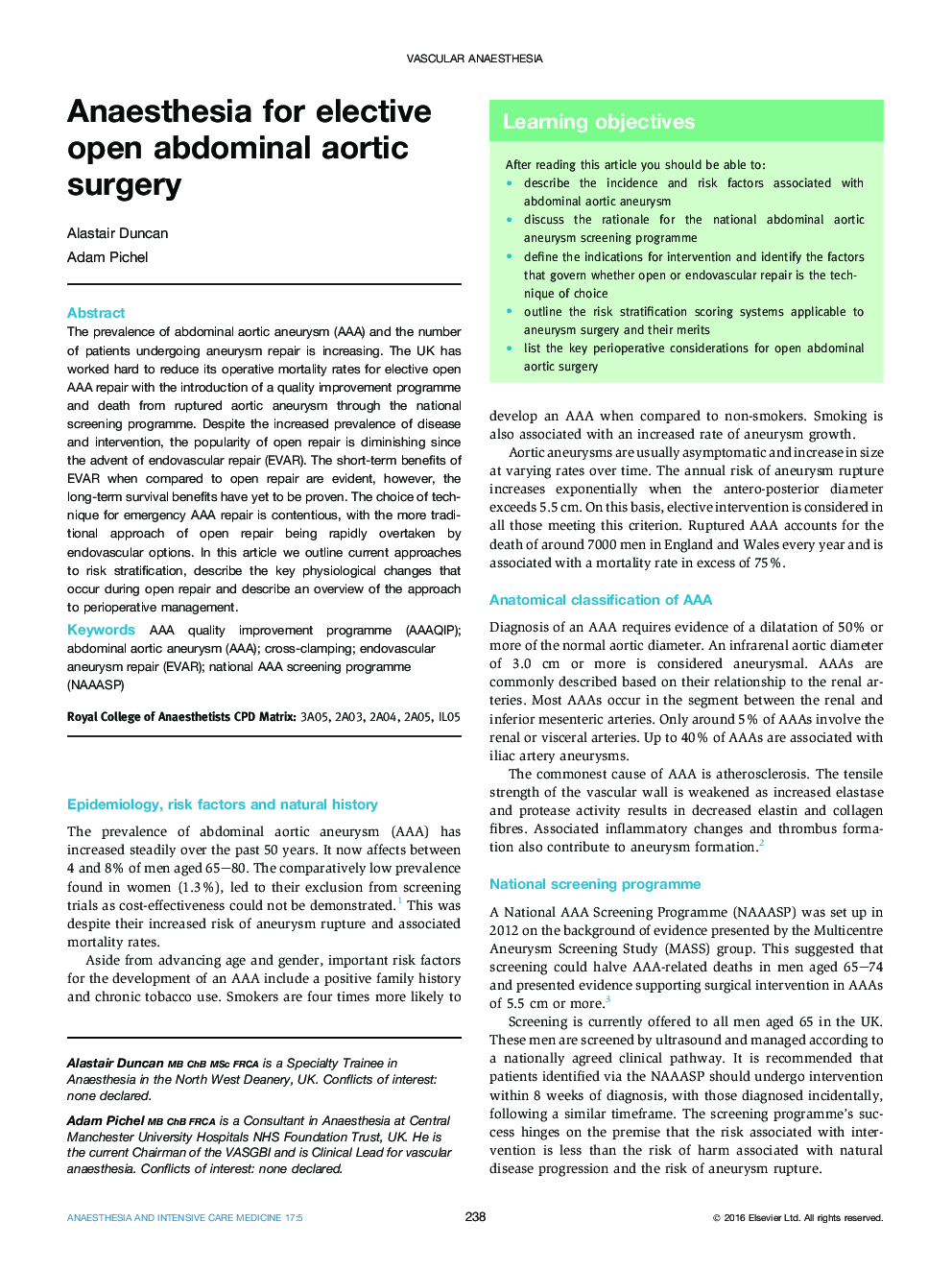 Anaesthesia for elective open abdominal aortic surgery