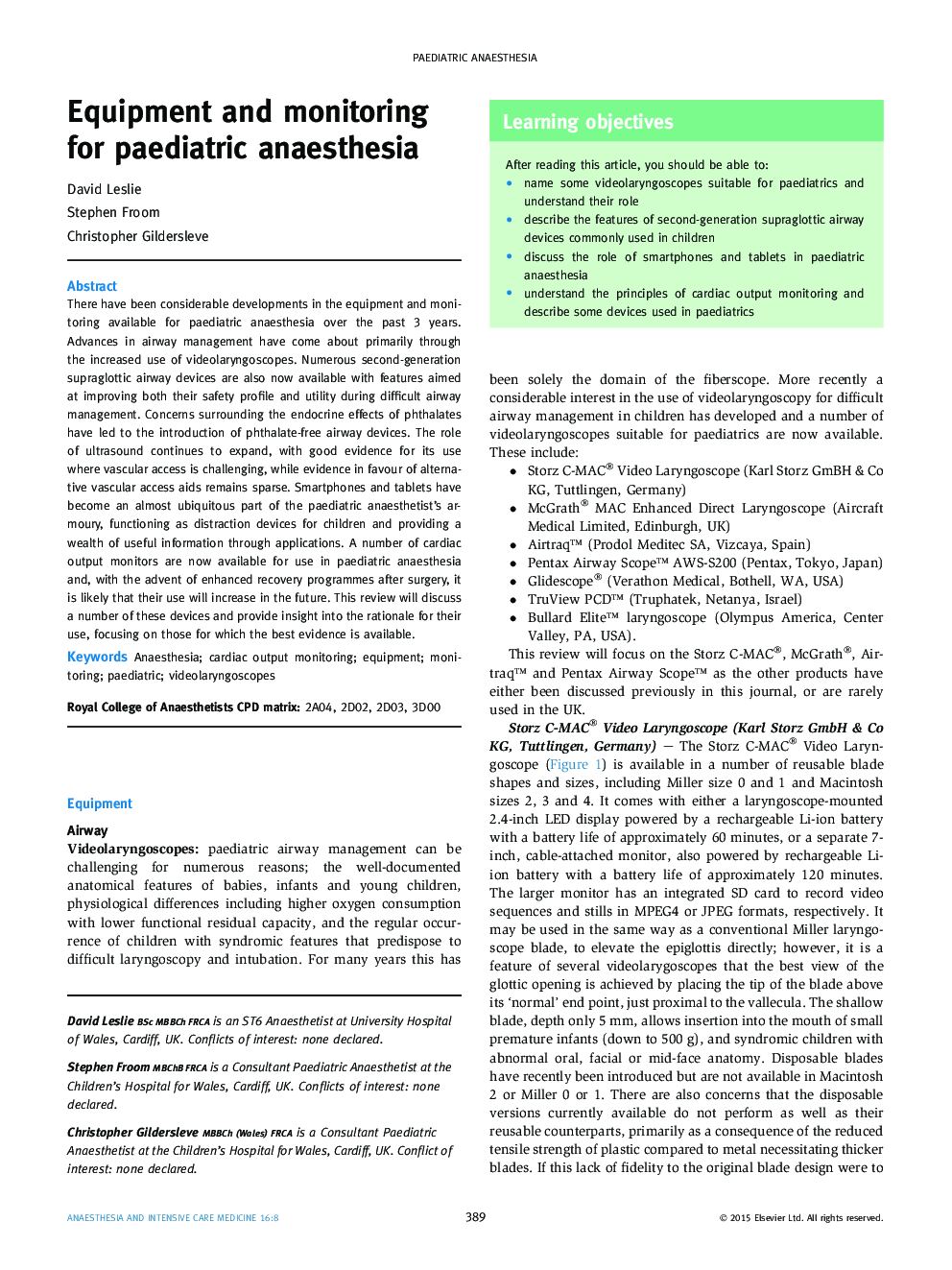 Equipment and monitoring for paediatric anaesthesia