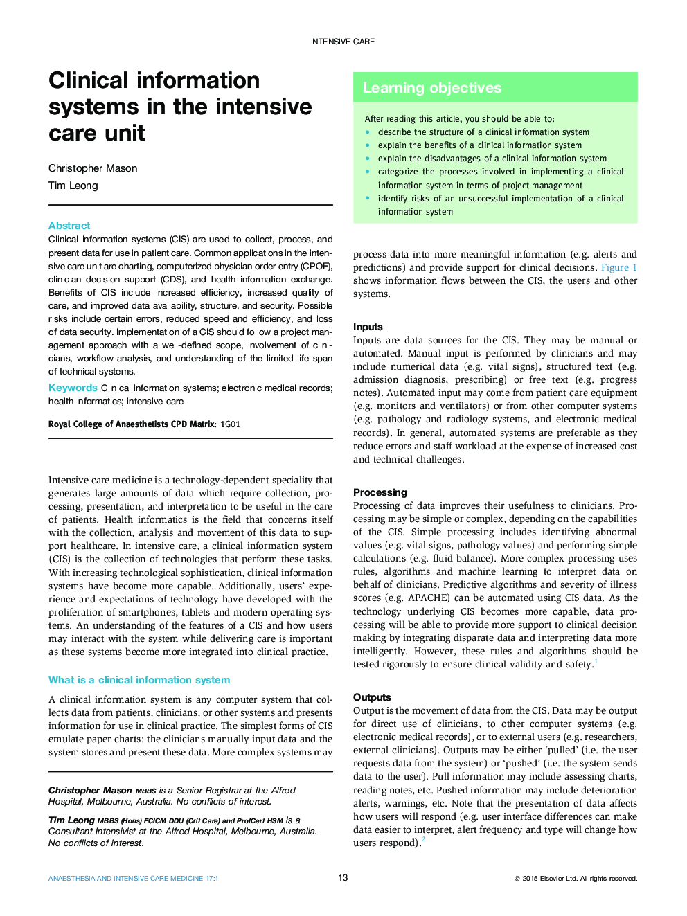 Clinical information systems in the intensive care unit