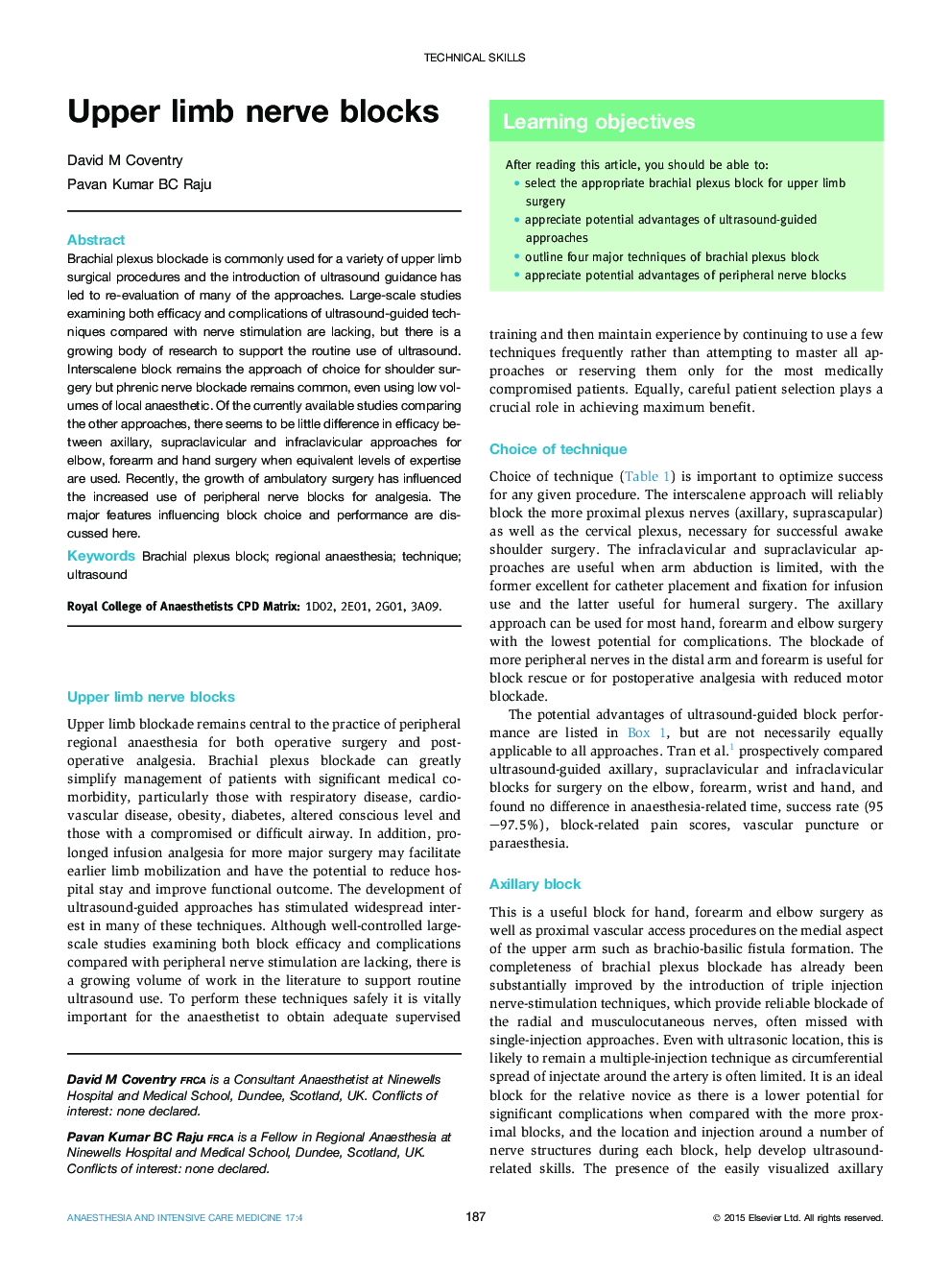 Upper limb nerve blocks