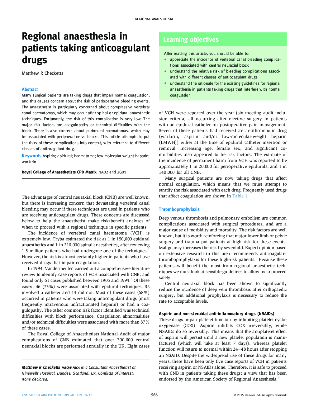 Regional anaesthesia in patients taking anticoagulant drugs