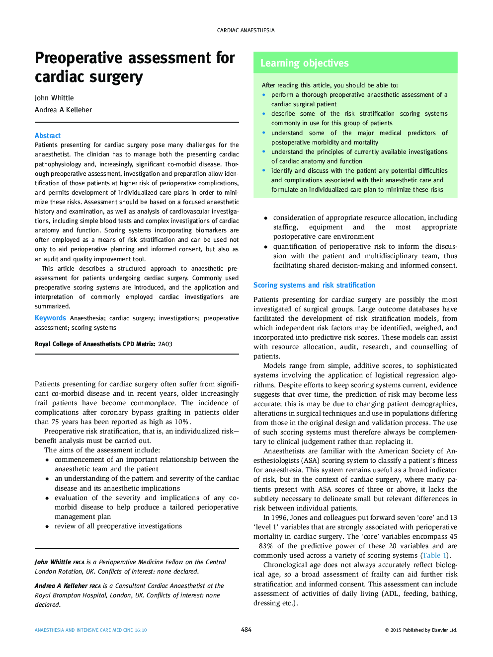 Preoperative assessment for cardiac surgery