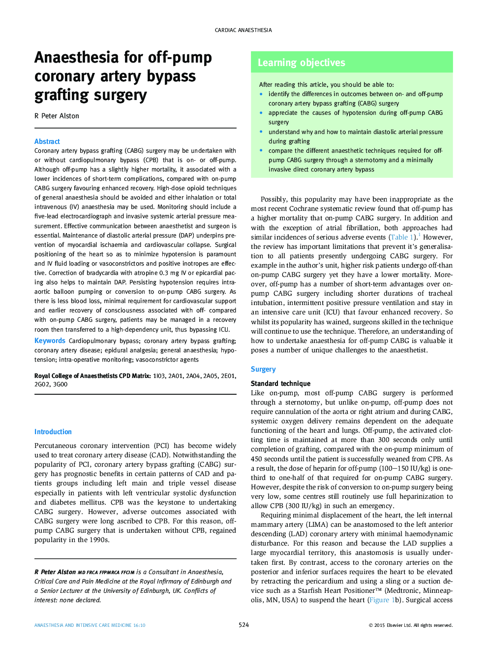 Anaesthesia for off-pump coronary artery bypass grafting surgery