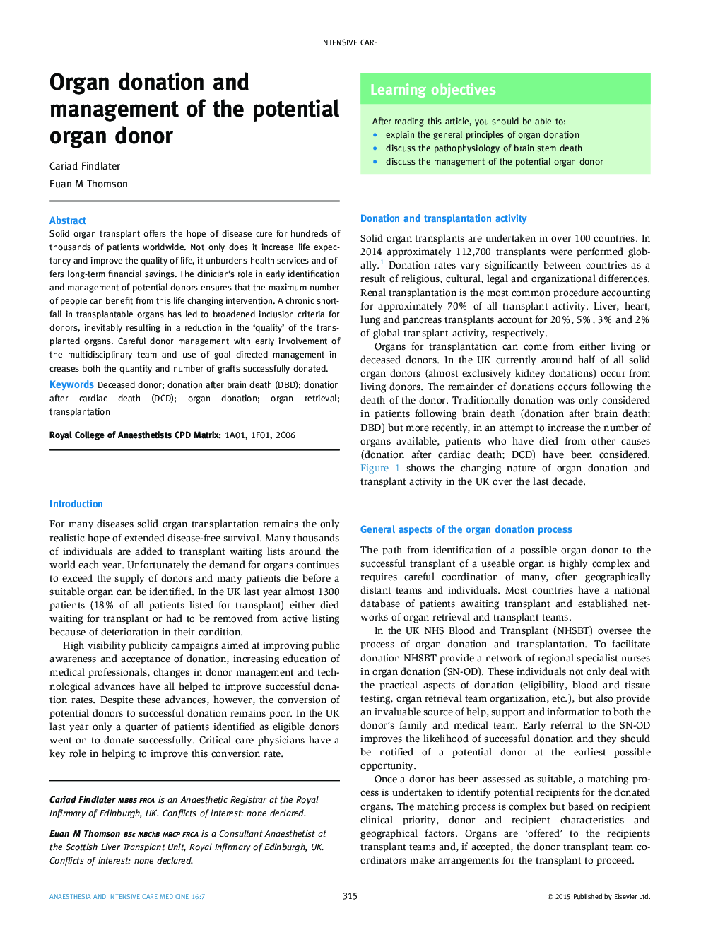Organ donation and management of the potential organ donor