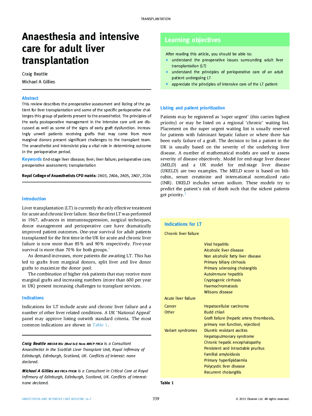 Anaesthesia and intensive care for adult liver transplantation