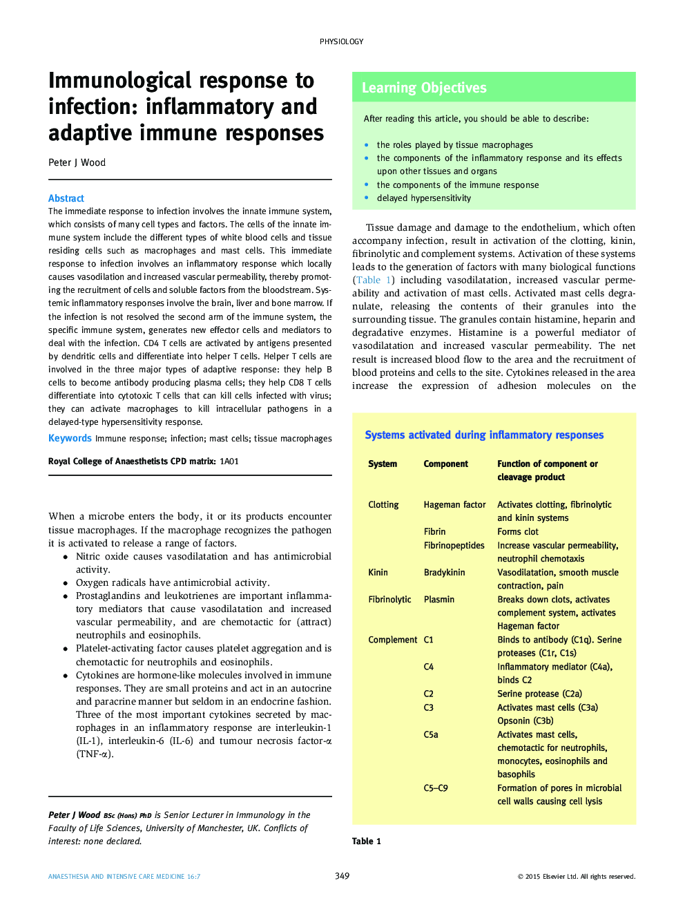Immunological response to infection: inflammatory and adaptive immune responses