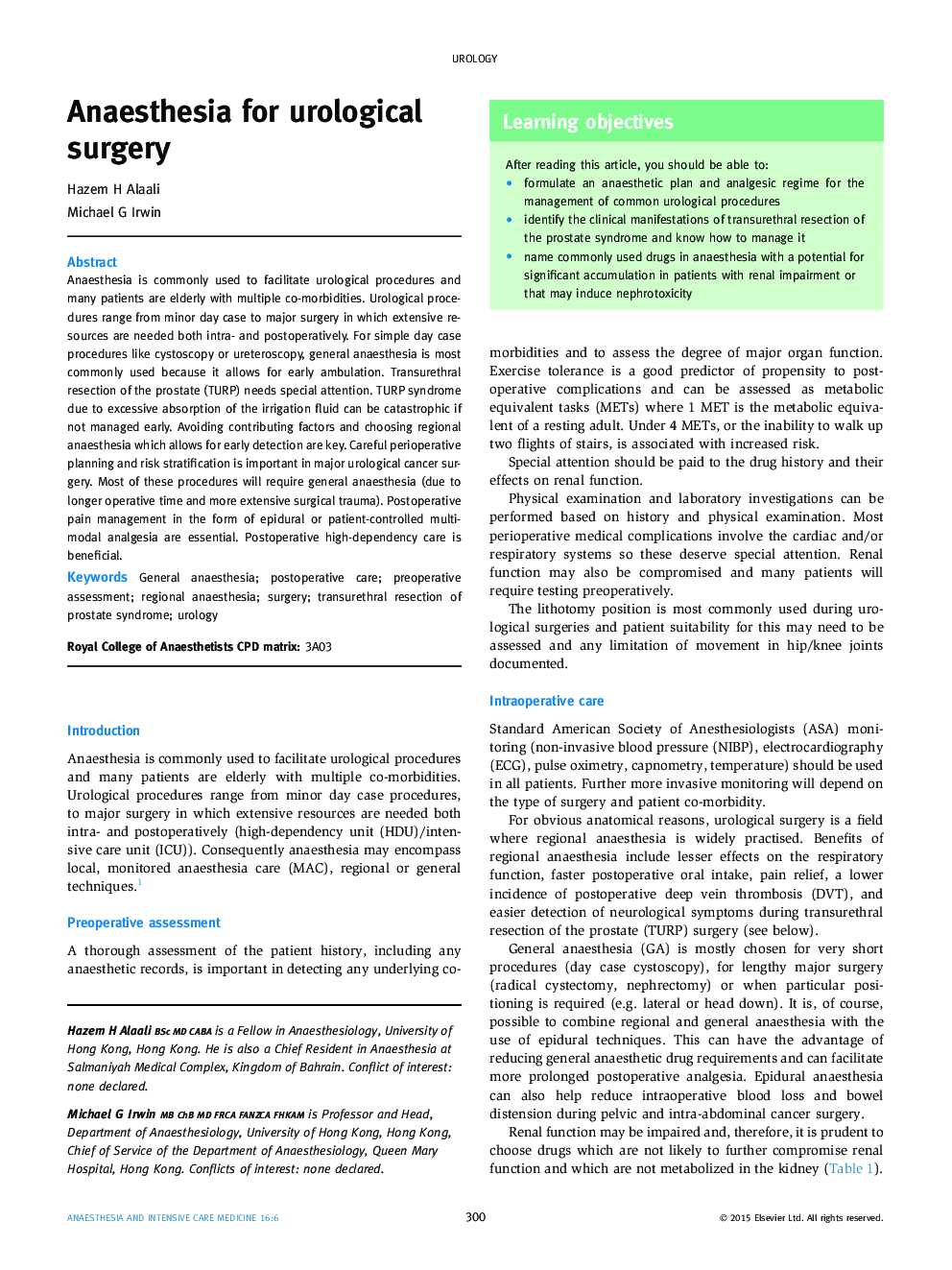 Anaesthesia for urological surgery