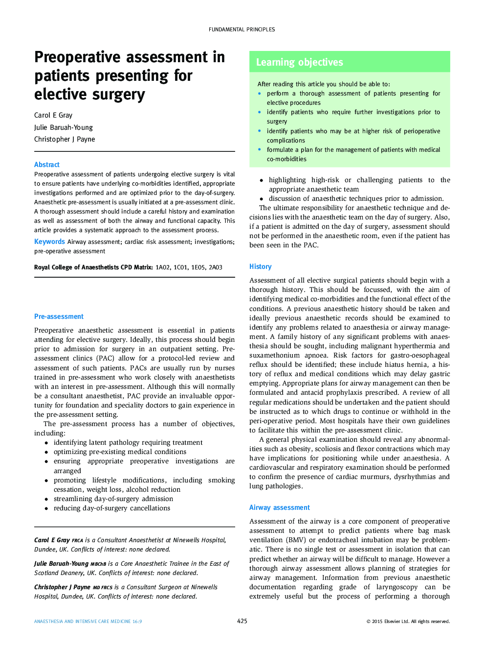 Preoperative assessment in patients presenting for elective surgery