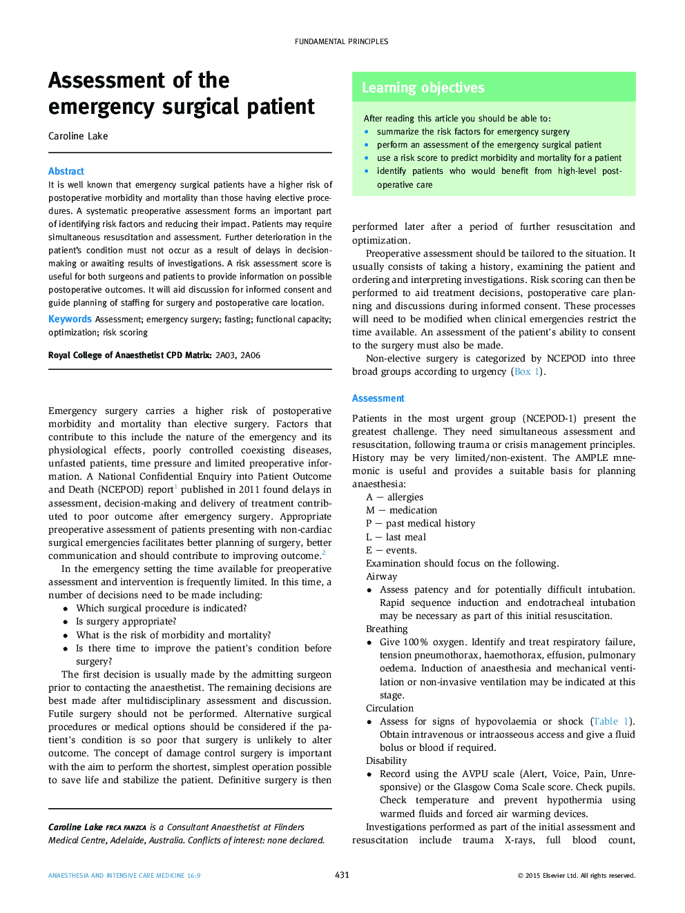 Assessment of the emergency surgical patient