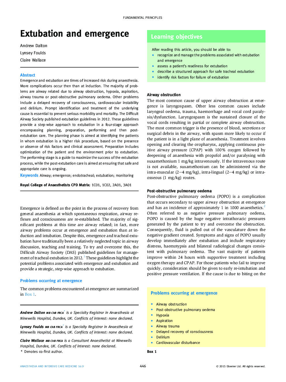 Extubation and emergence