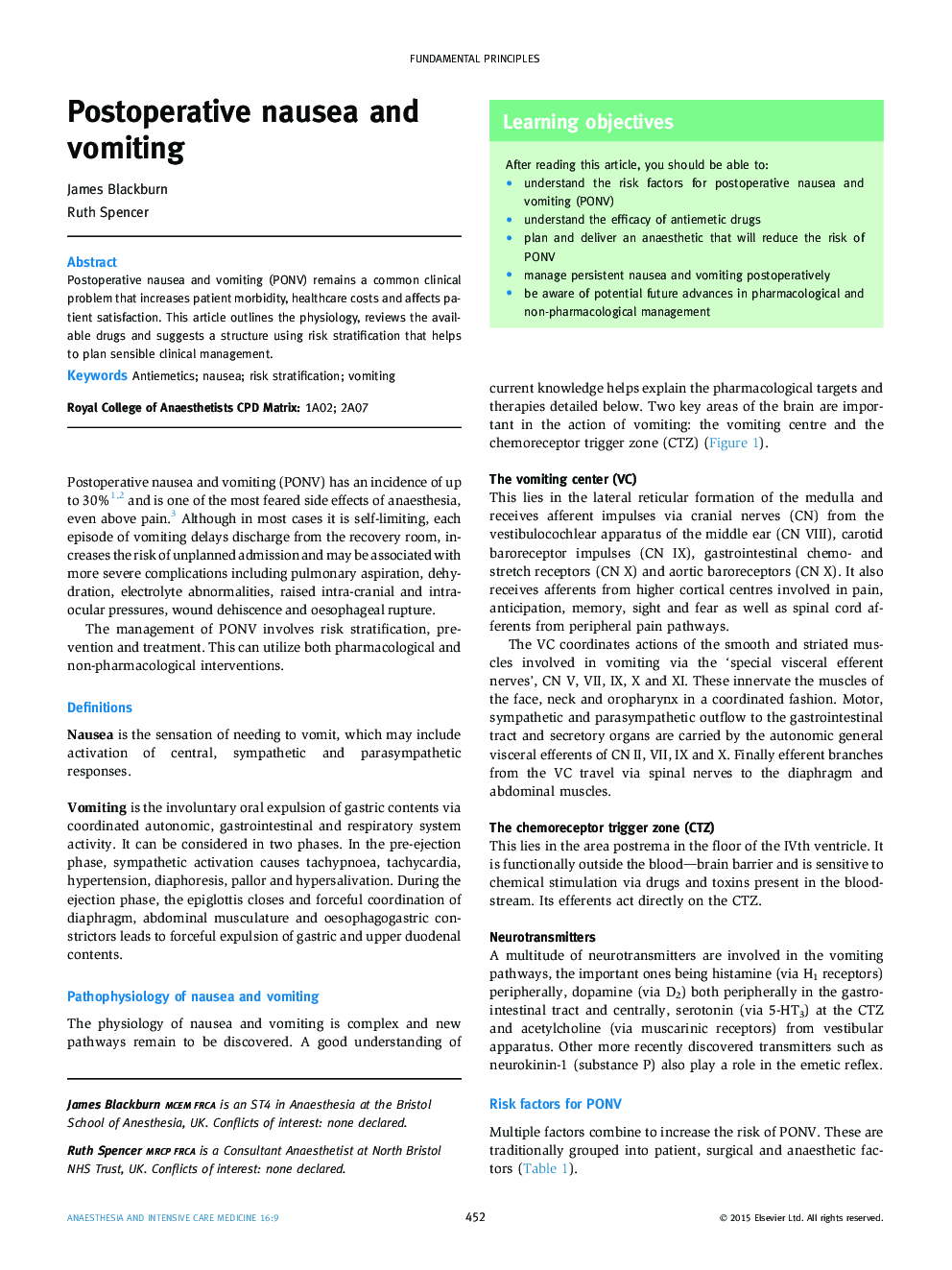 Postoperative nausea and vomiting