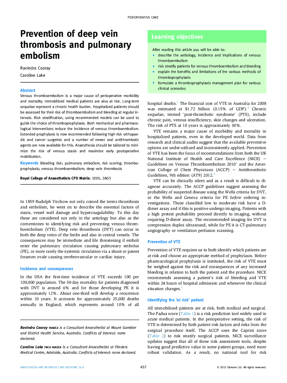 Prevention of deep vein thrombosis and pulmonary embolism