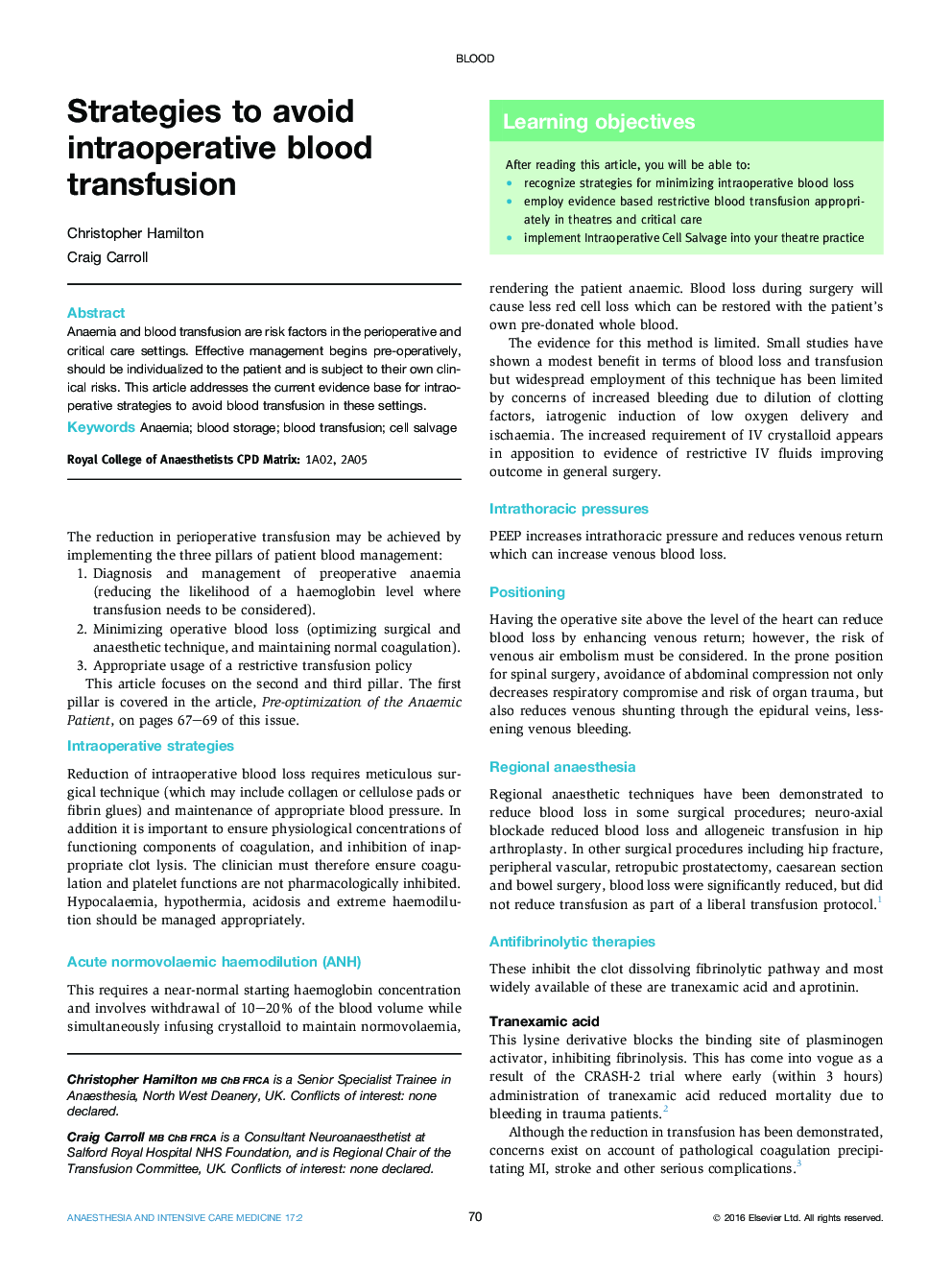 Strategies to avoid intraoperative blood transfusion