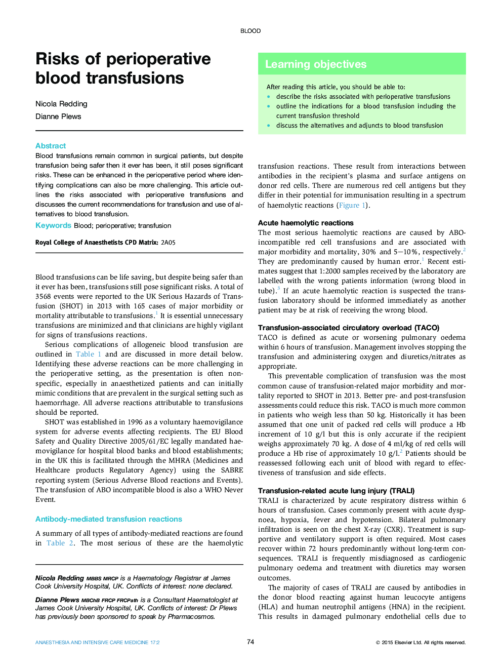 Risks of perioperative blood transfusions