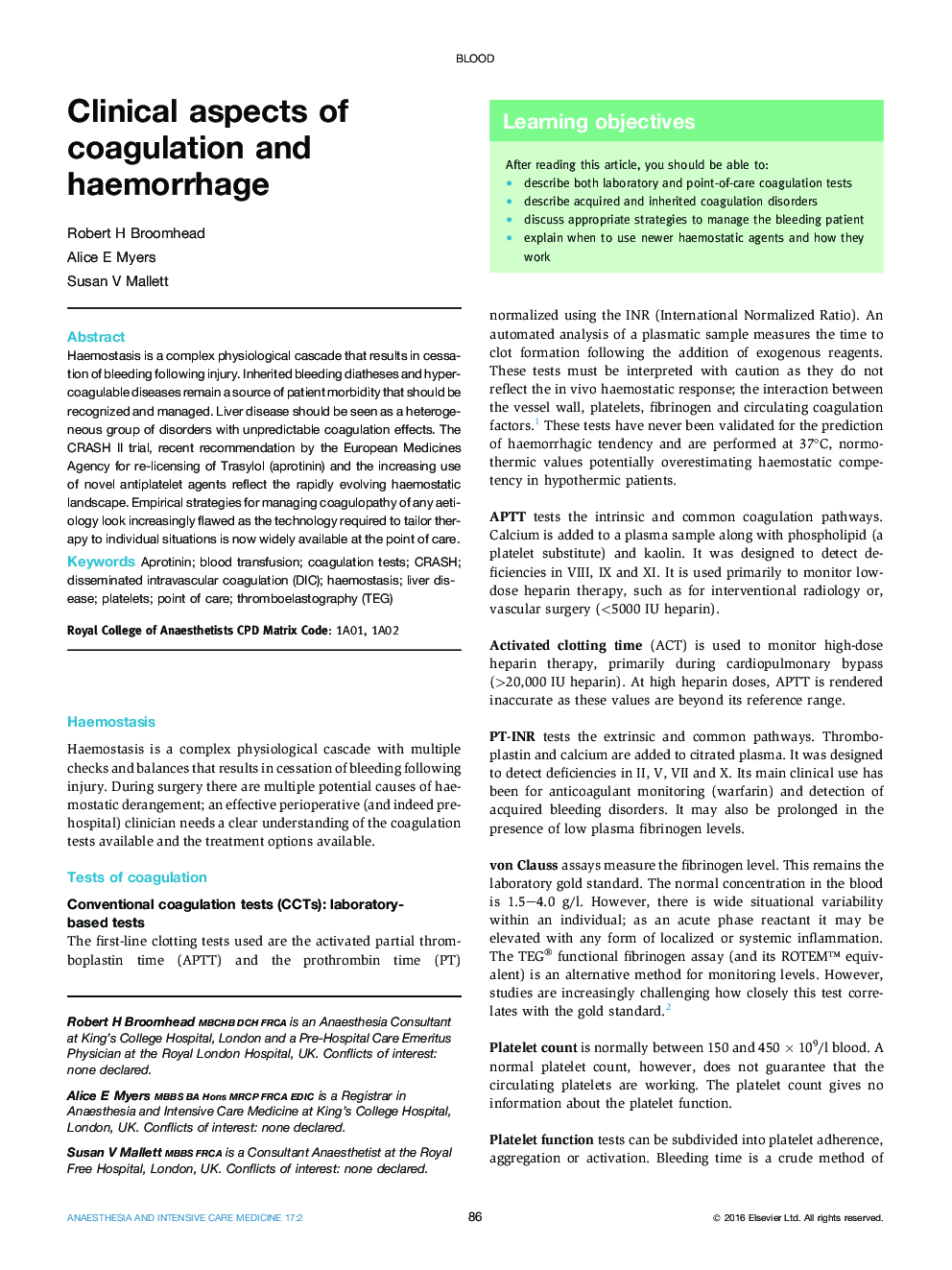 Clinical aspects of coagulation and haemorrhage