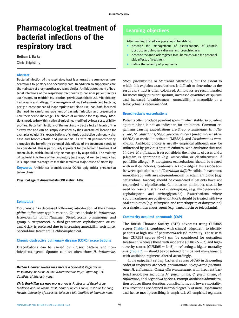 Pharmacological treatment of bacterial infections of the respiratory tract