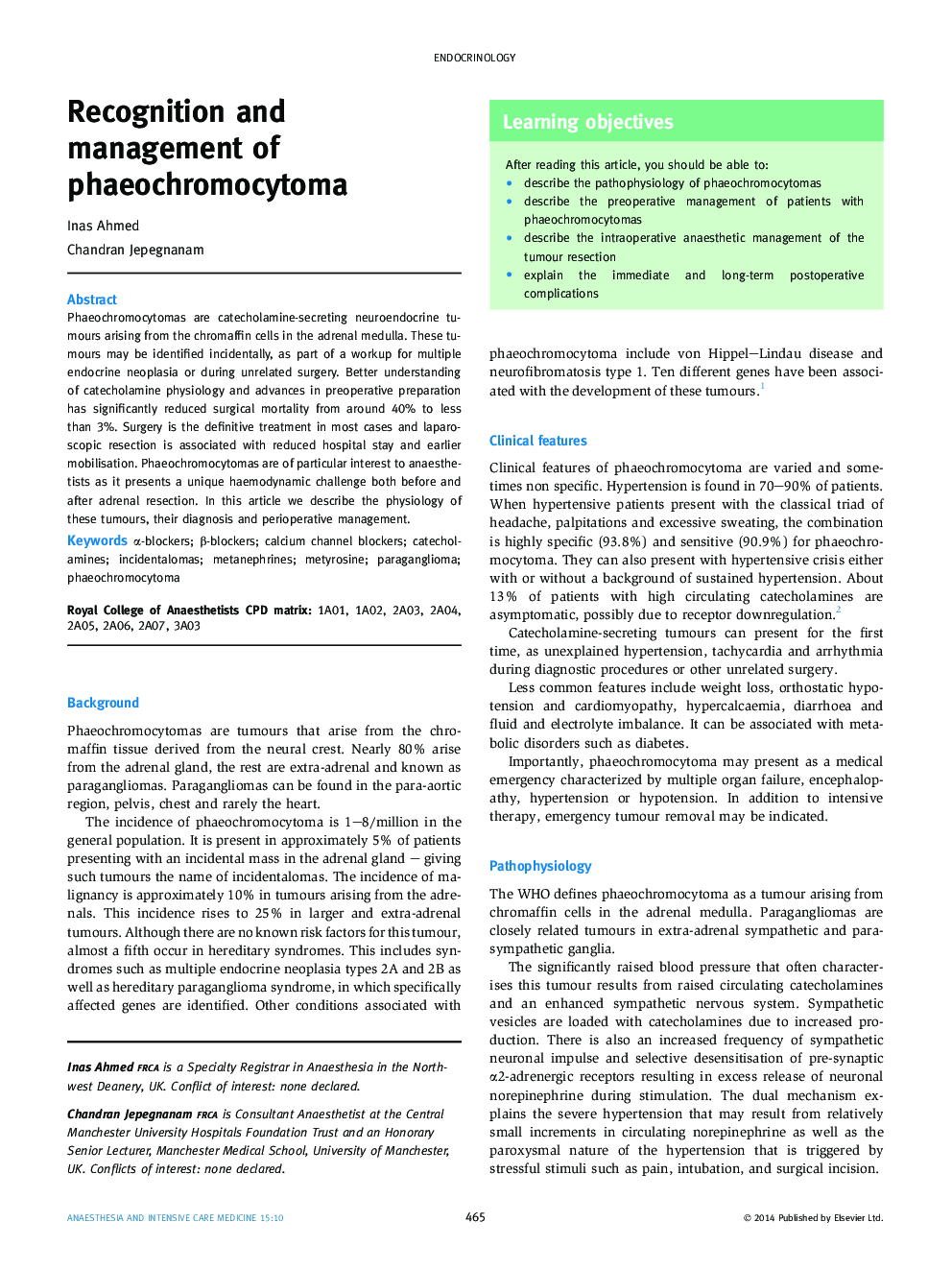 Recognition and management of phaeochromocytoma